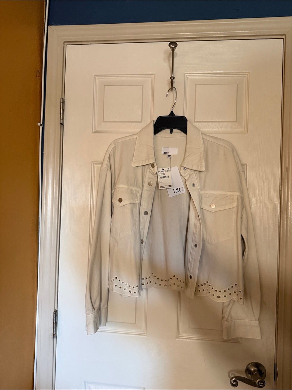 DR2 Cream Cropped Eyelet-Hem Denim Jacket New w/tags